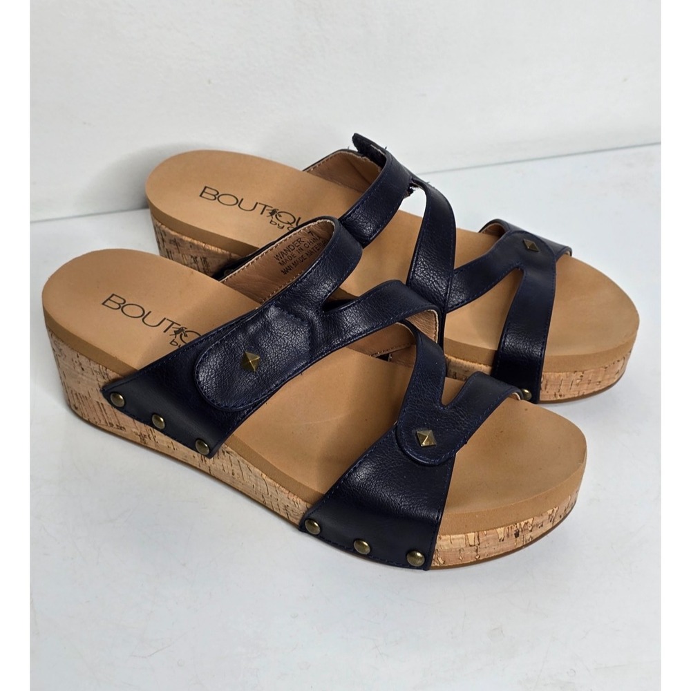 Boutique by Corkys Womens Size 7 Navy Blue Wander Sandals Wedge Slides Shoes
